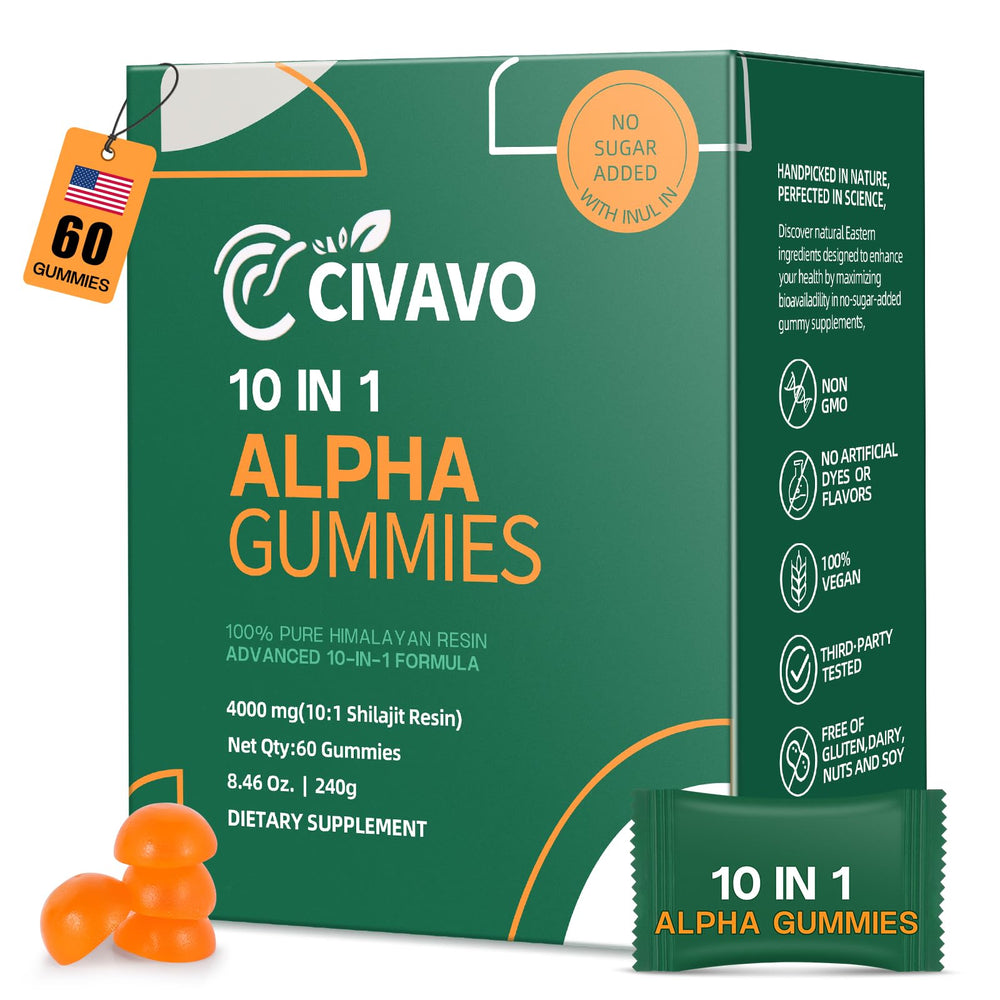 Civavo 10-in-1 Alpha Shilajit Gummies bottle on a wooden table for daily wellness