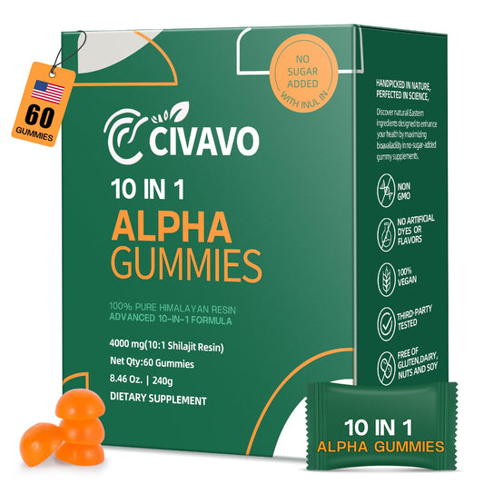 Civavo 10-in-1 Alpha Shilajit Gummies bottle on a wooden table for daily wellness