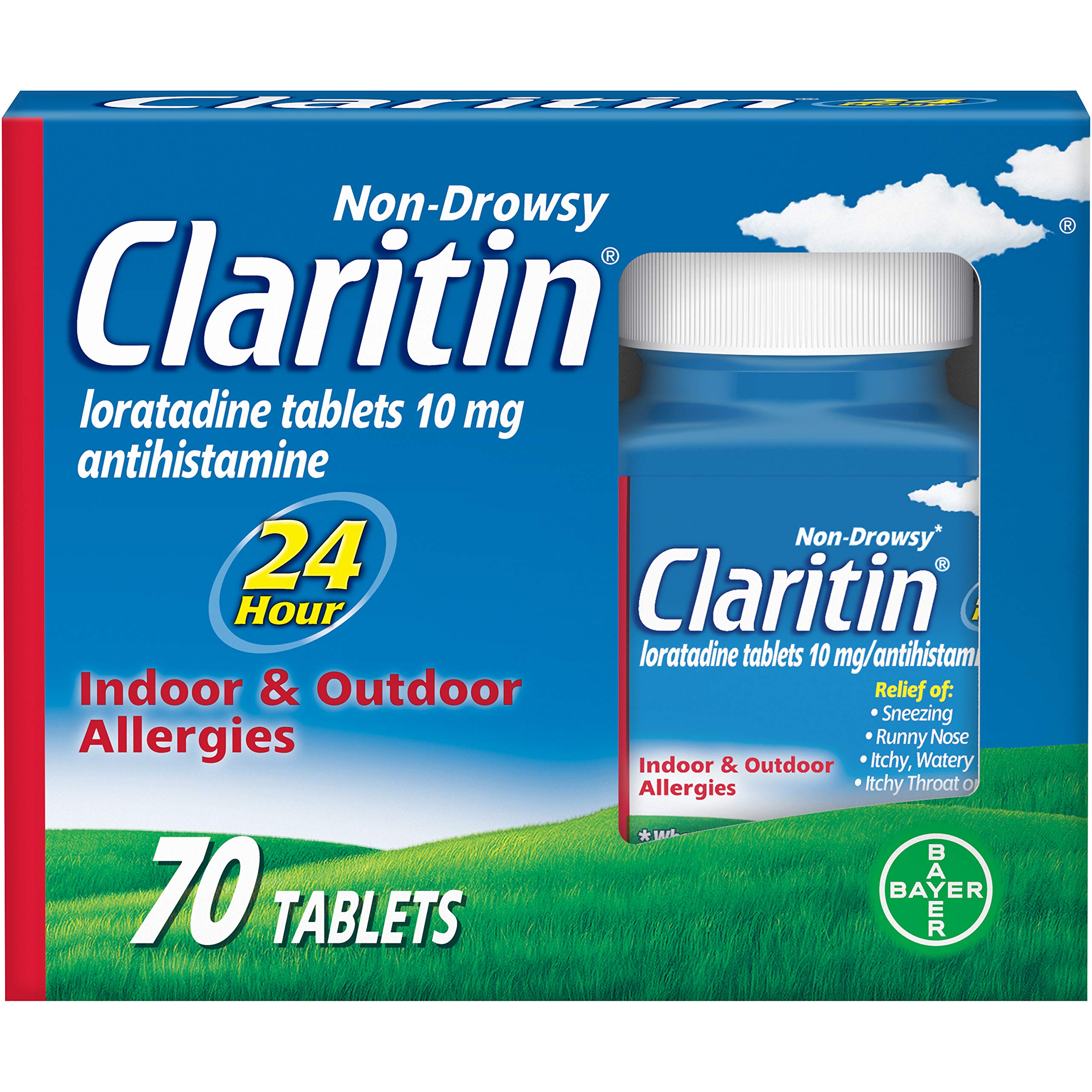 Claritin 24-hour relief tablet bottle provides long-lasting allergy support.