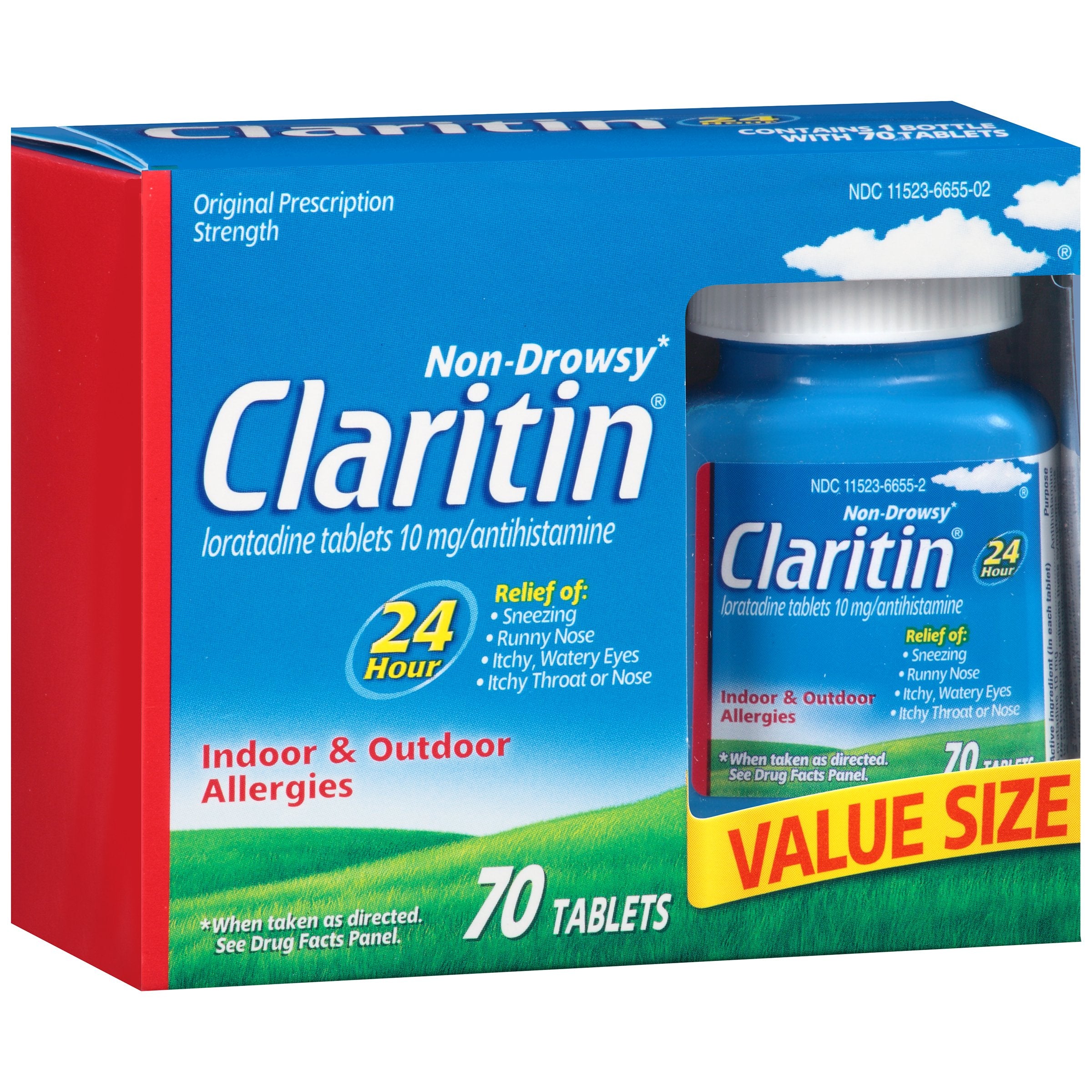 Claritin 24hour-relief-tablets in bottle for non-drowsy allergy relief.