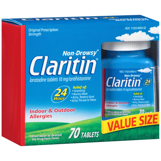 Claritin 24hour-relief-tablets in bottle for non-drowsy allergy relief.