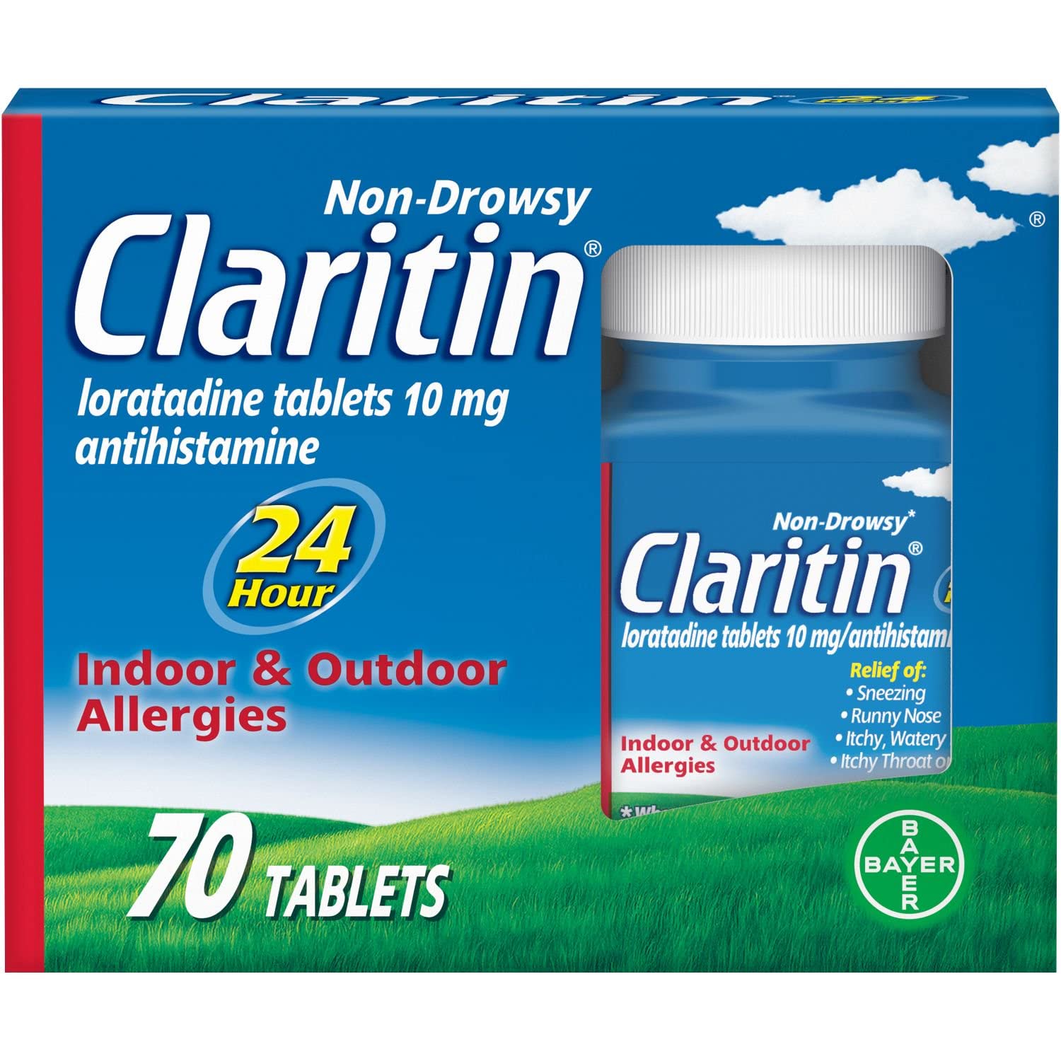 Claritin 24-hour allergy tablets in packaging for all-day relief