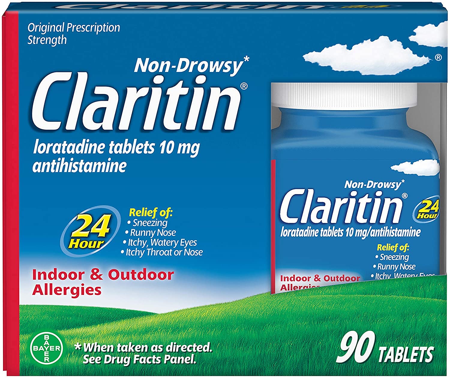 Claritin 90 tablets bottle packshot highlighting daily indoor and outdoor allergy relief