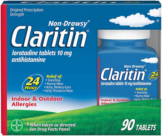 Claritin 90 tablets bottle packshot highlighting daily indoor and outdoor allergy relief