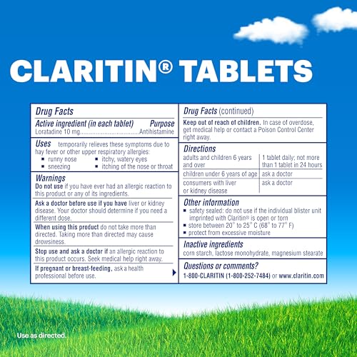 Claritin blister pack visuals highlight convenient daily dosing for adults.