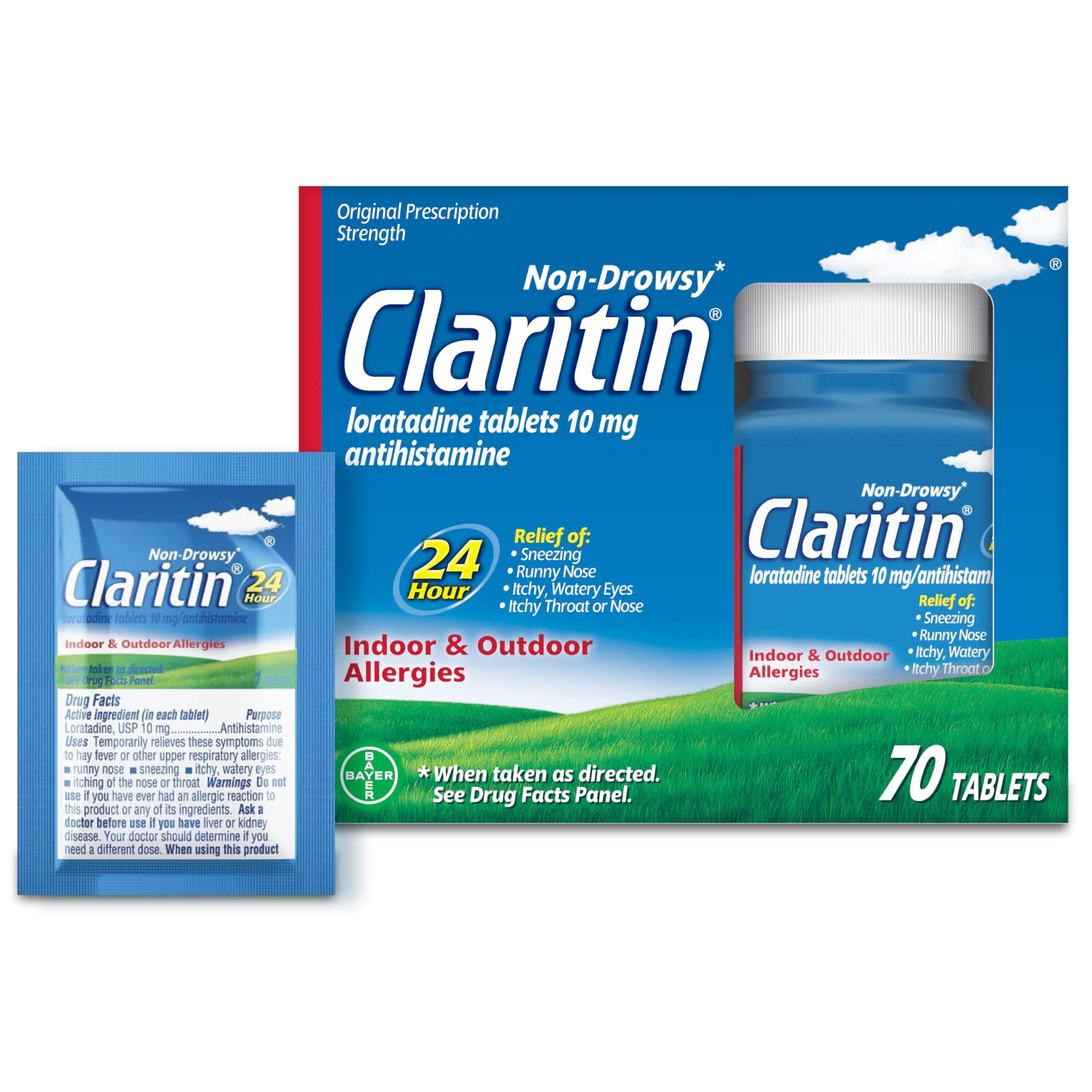 Claritin bottle front label shows 10 mg loratadine for all-day allergy relief.