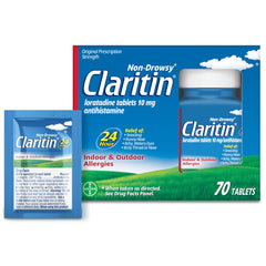 Claritin bottle front label shows 10 mg loratadine for all-day allergy relief.