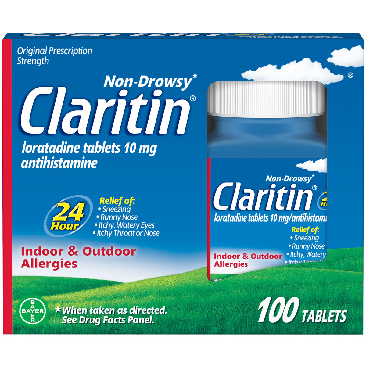 Claritin bottle front view showing 24-hour non-drowsy relief emphasis.