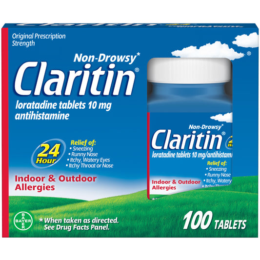 Claritin bottle front view showing 24-hour non-drowsy relief emphasis.