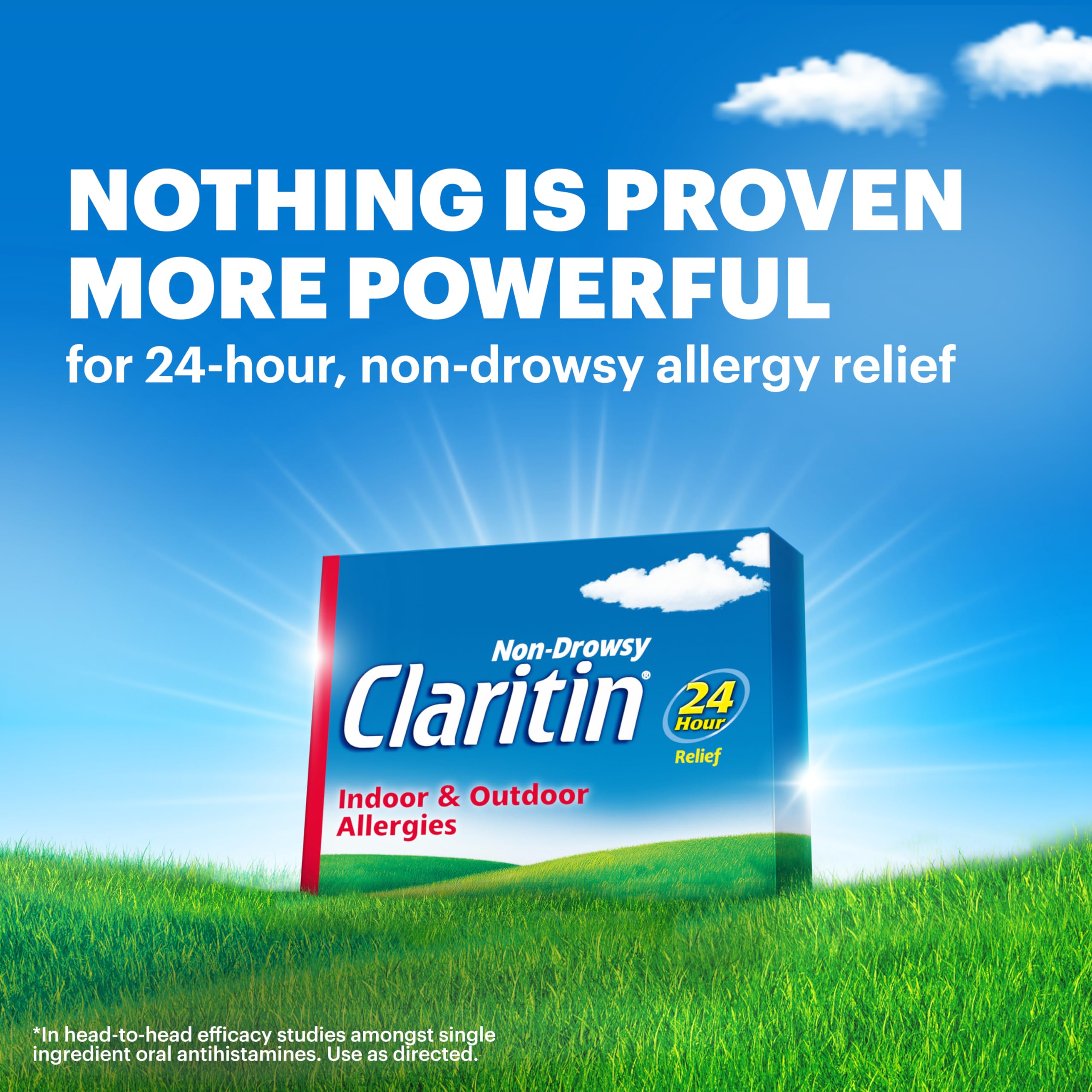 Claritin bottle pour of tablets highlighting easy non-drowsy 24-hour relief.