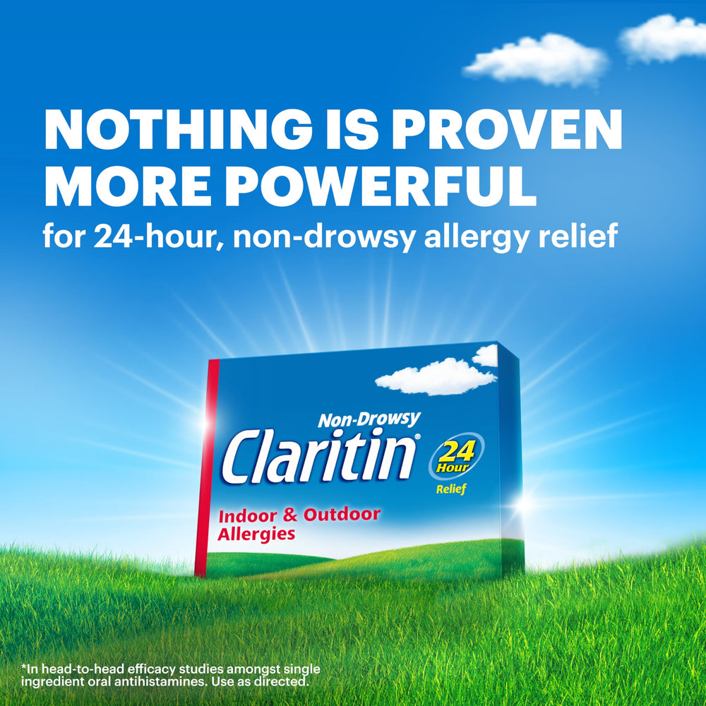 Claritin bottle pour of tablets highlighting easy non-drowsy 24-hour relief.