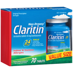 Claritin box packaging with dosage and allergy relief information.
