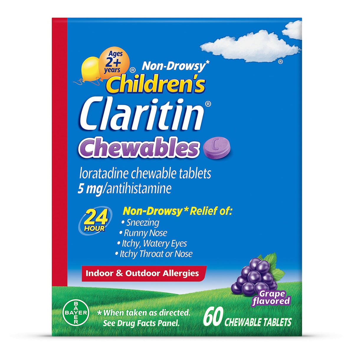 Claritin Children Chewables grape bottle pour for easy dosing and quick allergy relief.