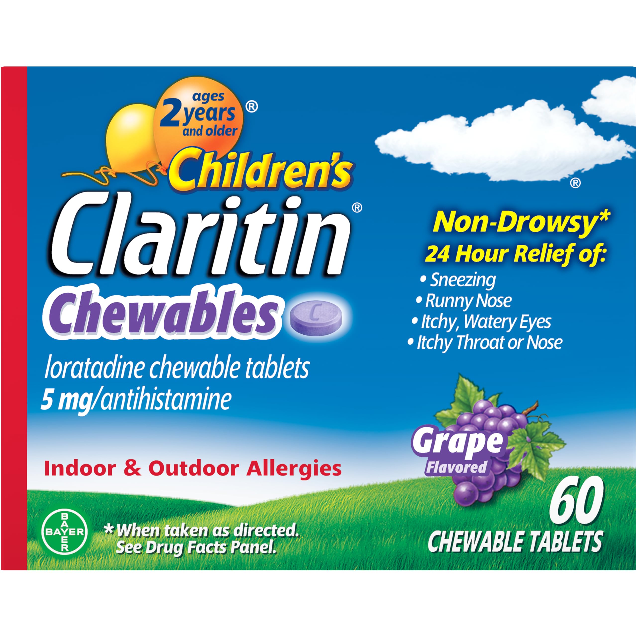 Claritin Children's Chewables Grape bottle shows non-drowsy, all-day allergy relief