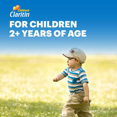 Child chewing Claritin grape chewables for daytime allergy relief.