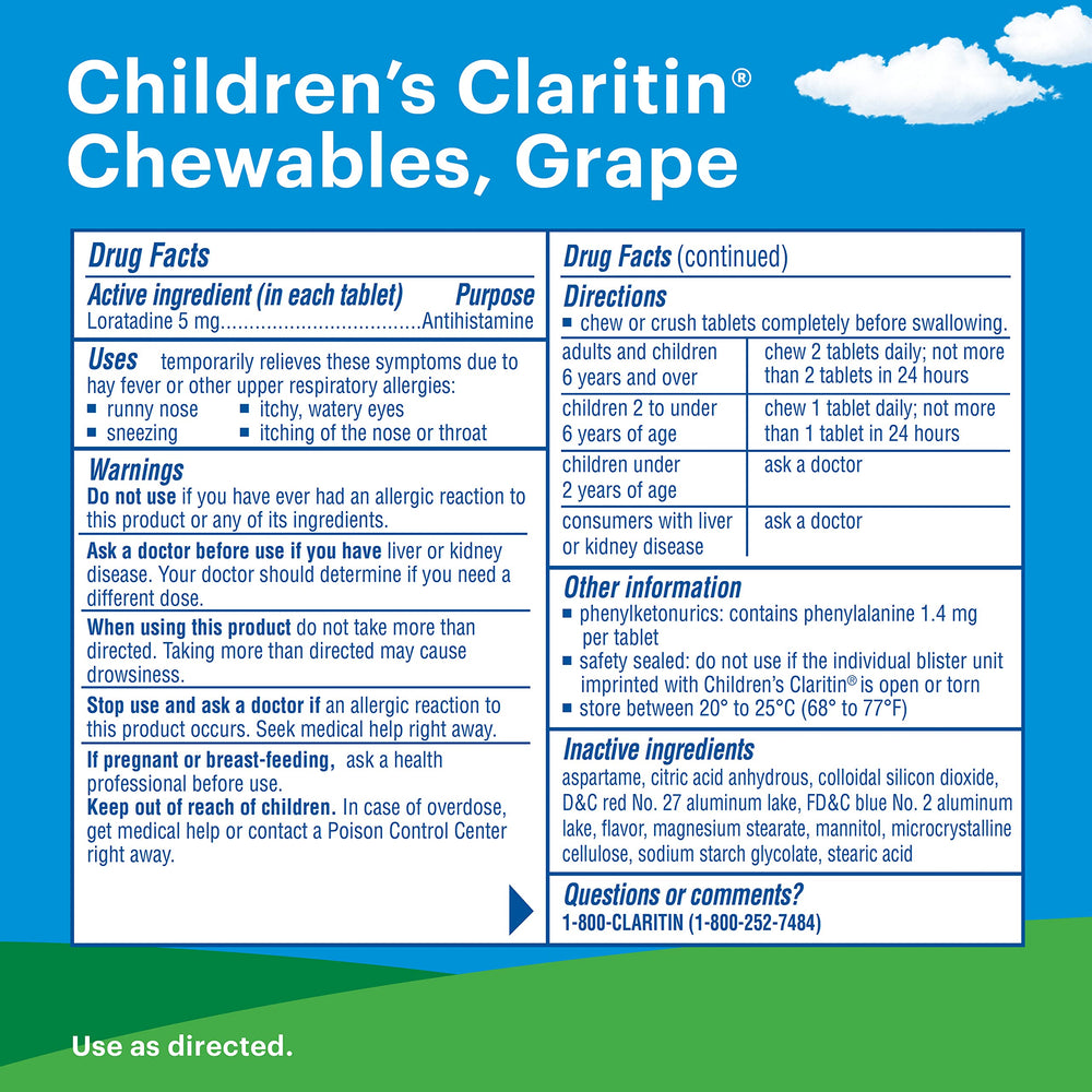 Claritin Children's Chewables Grape tablets close-up highlights kid-friendly flavor