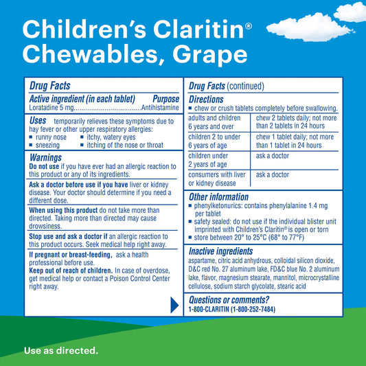 Claritin Children's Chewables Grape tablets close-up highlights kid-friendly flavor