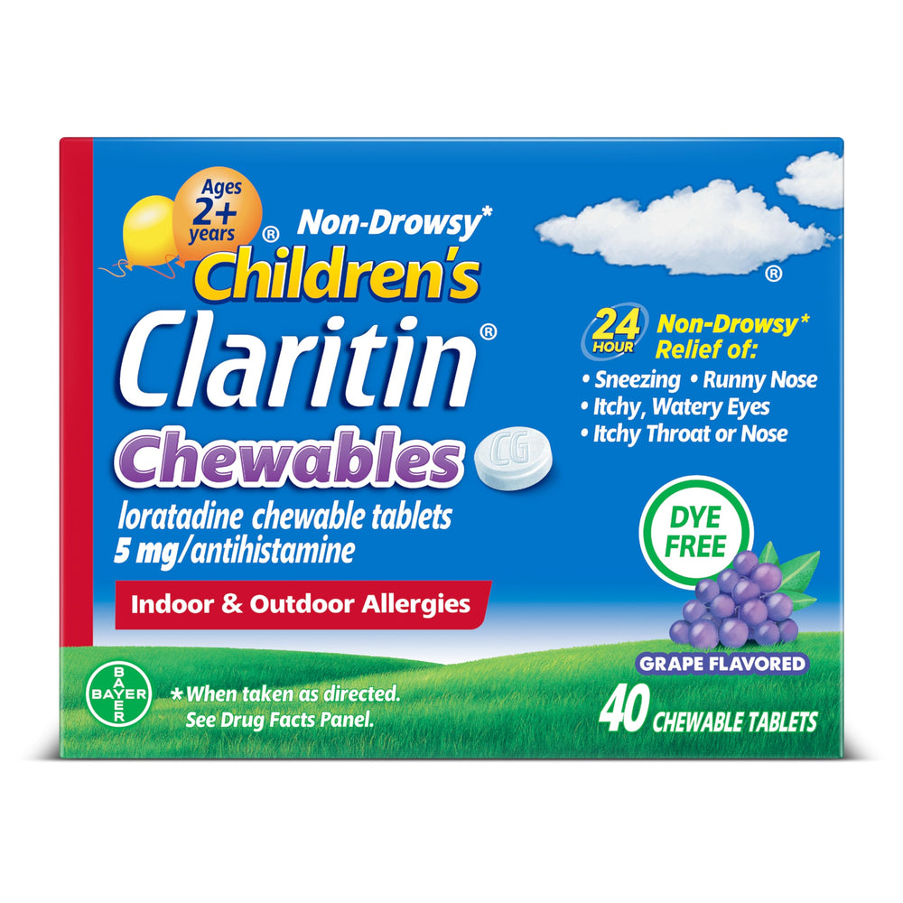 Claritin Children’s grape chewables bottle, 40-tablet supply for 24-hour non-drowsy relief.