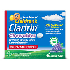 Claritin Children’s grape chewables bottle, 40-tablet supply for 24-hour non-drowsy relief.