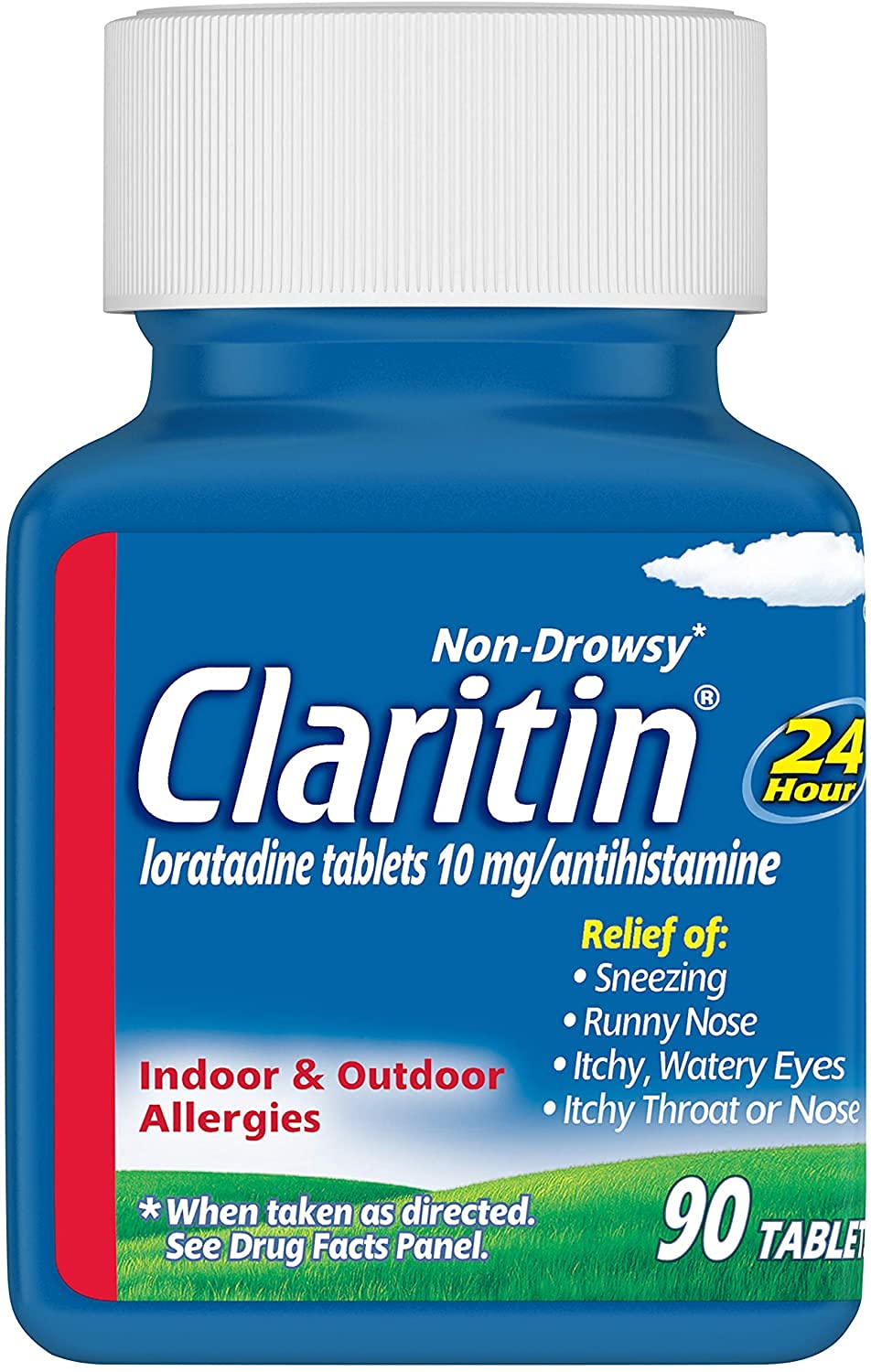 Claritin indoor outdoor use with bottle demonstrates all day allergy support