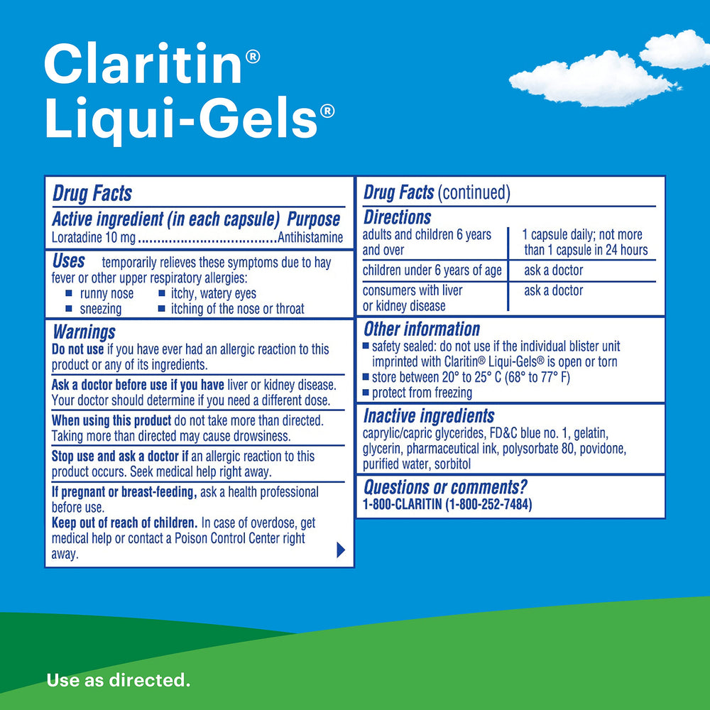 Claritin Liqui-Gels capsules close-up with 10 mg dose