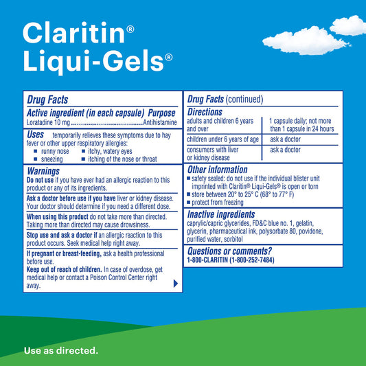 Claritin Liqui-Gels capsules close-up with 10 mg dose