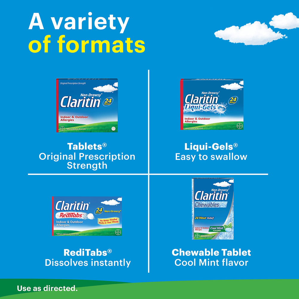 Claritin Liqui-Gels bottle labeled for adults and children 6+ use