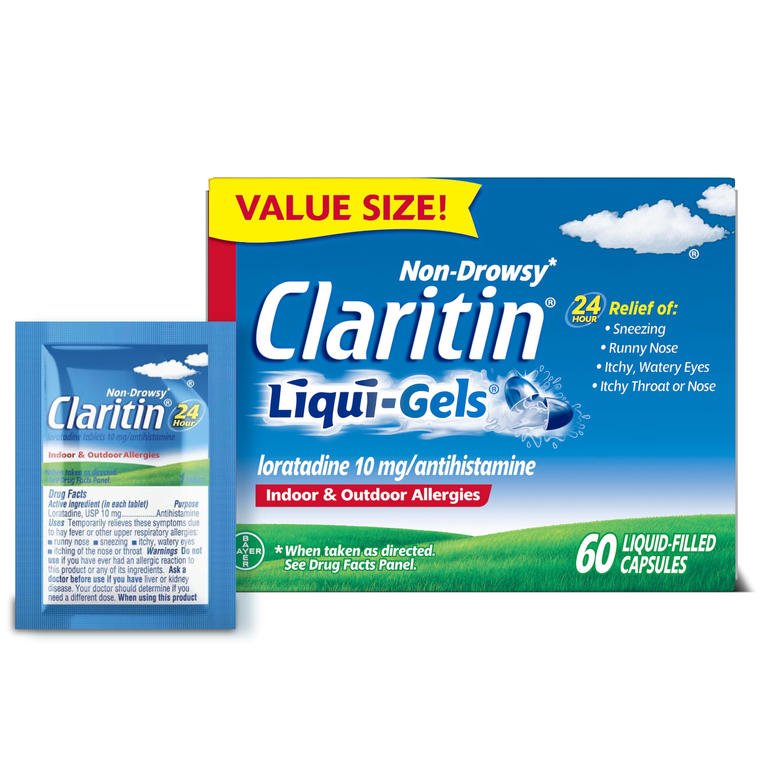 Claritin Liquid-Gels bottle offers 24-hour non-drowsy relief for indoor and outdoor allergies.
