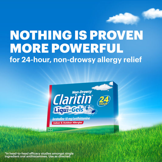 Claritin Liquid-Gels label highlights 10 mg loratadine and daily dosage.