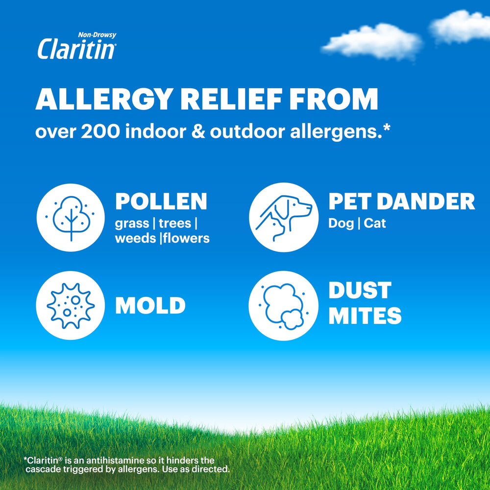 Claritin packaging on a shelf emphasizes convenient non-prescription support.