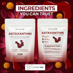 ClarityMD Astaxanthin capsules closeup, demonstrating smooth texture for easy daily use