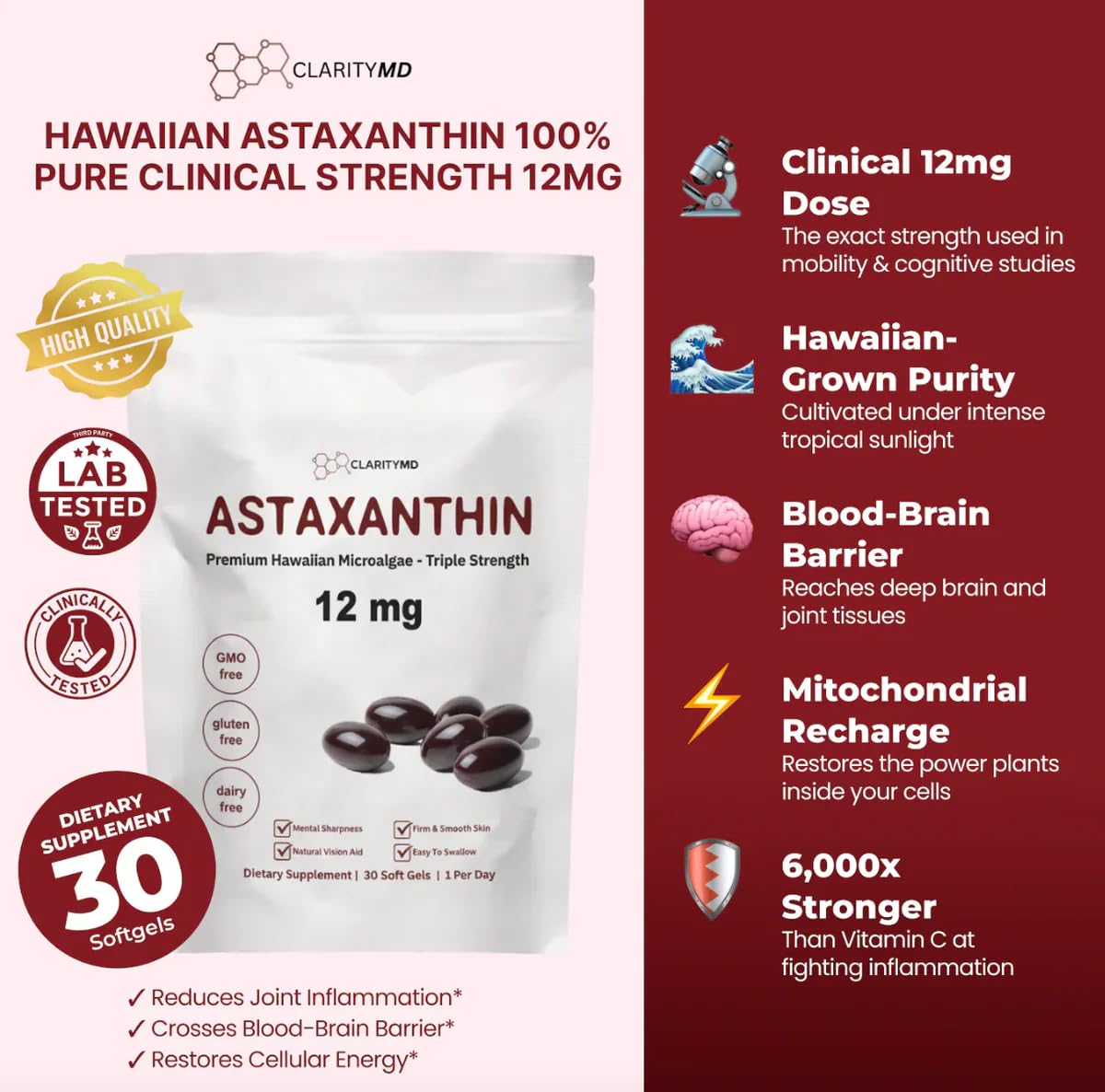 ClarityMD Astaxanthin sourced from Haematococcus pluvialis microalgae