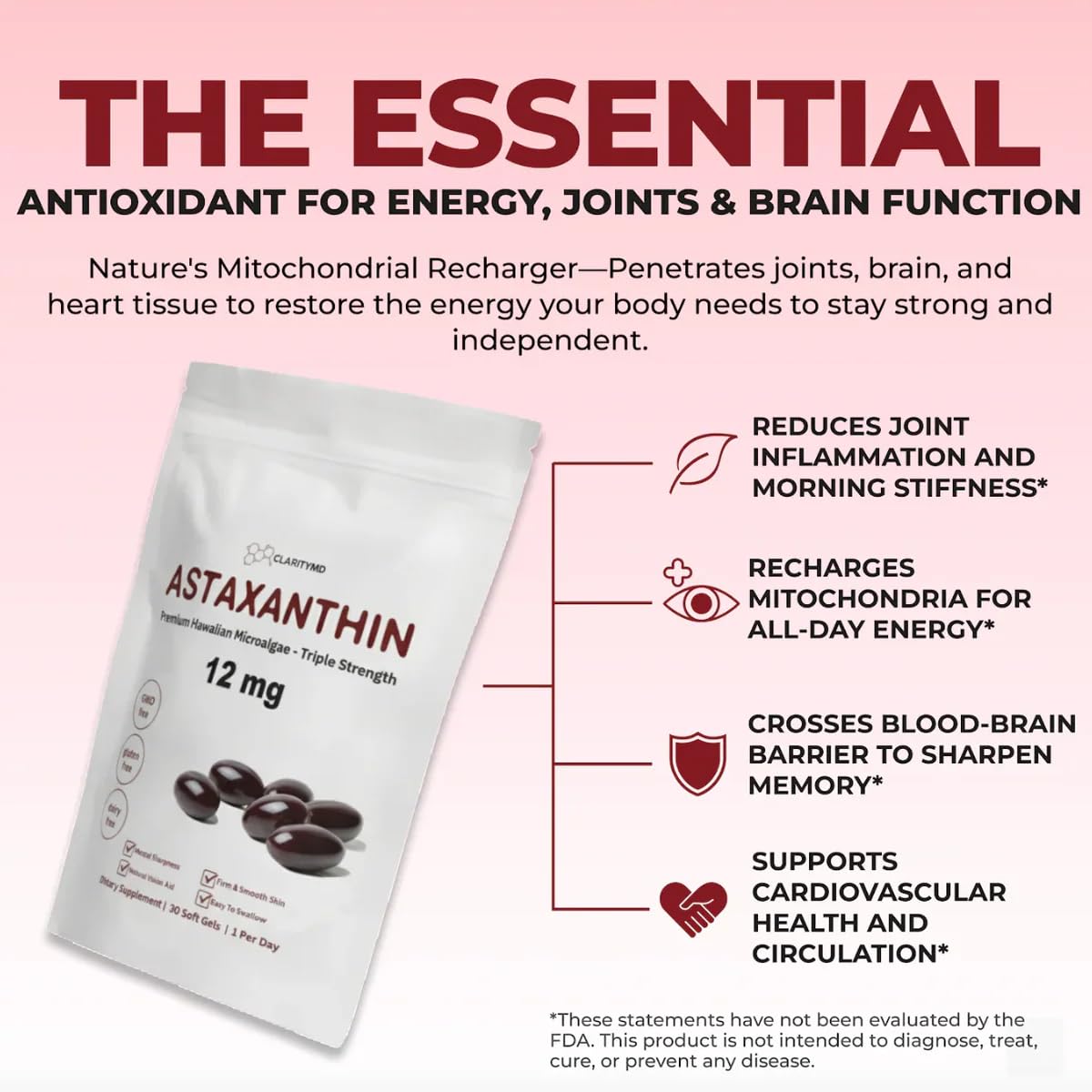 ClarityMD Astaxanthin packaging shows USA-made, non-GMO formulation