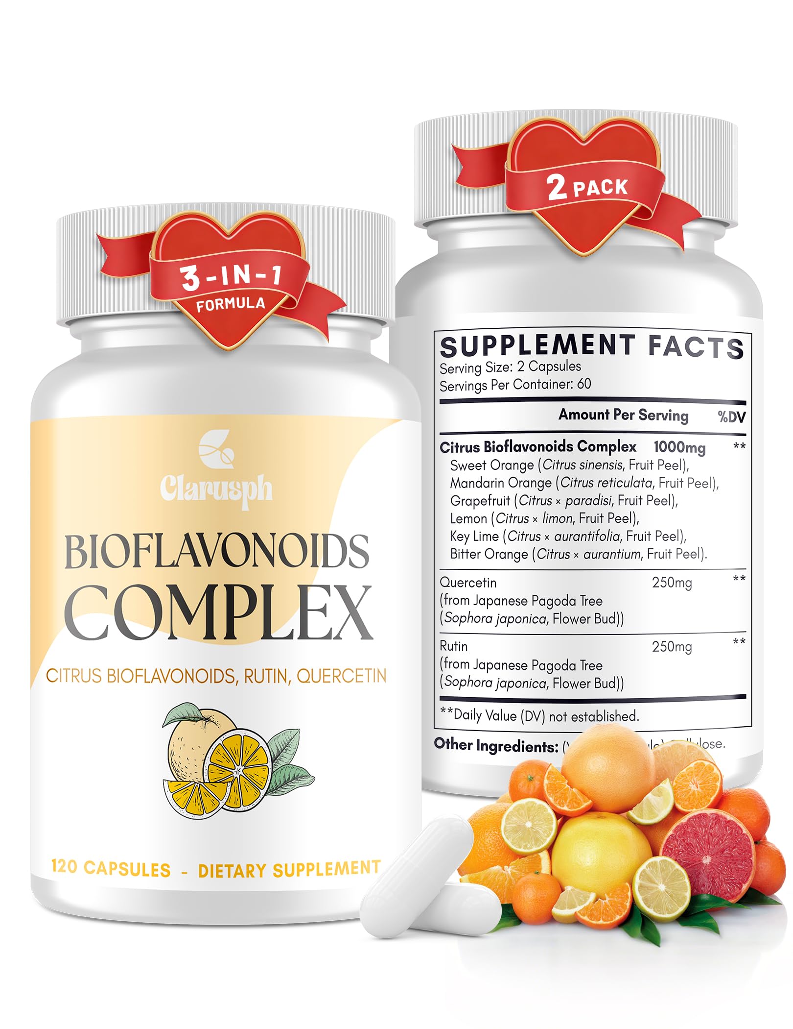 Clarusph Citrus Bioflavonoids bottle shows vegan circulation-support formula.