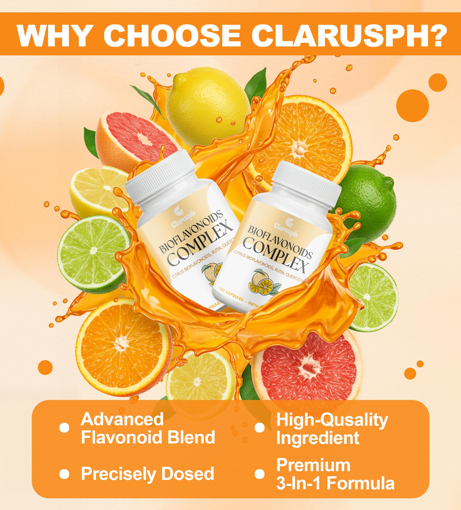 Clarusph ingredients: citrus bioflavonoids, quercetin, rutin for plant-based wellness.