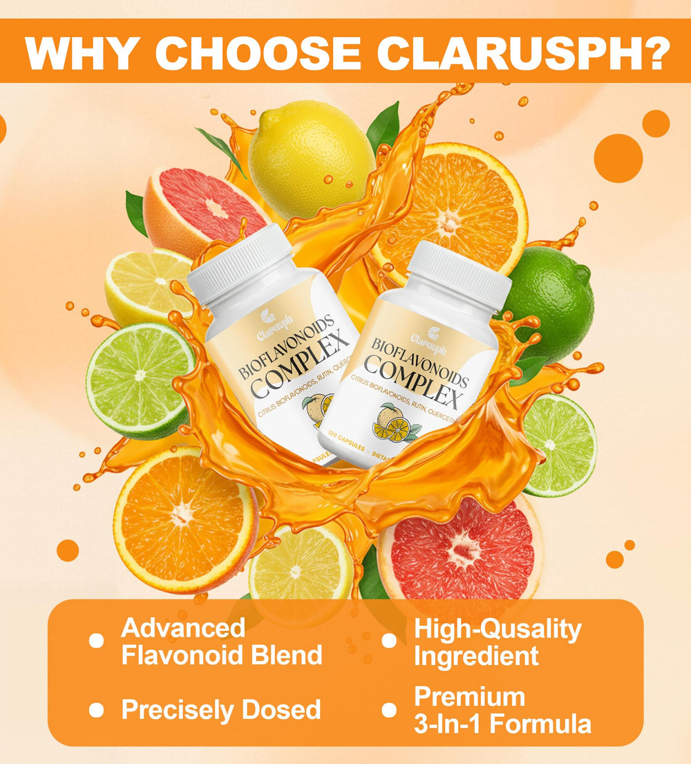 Clarusph ingredients: citrus bioflavonoids, quercetin, rutin for plant-based wellness.