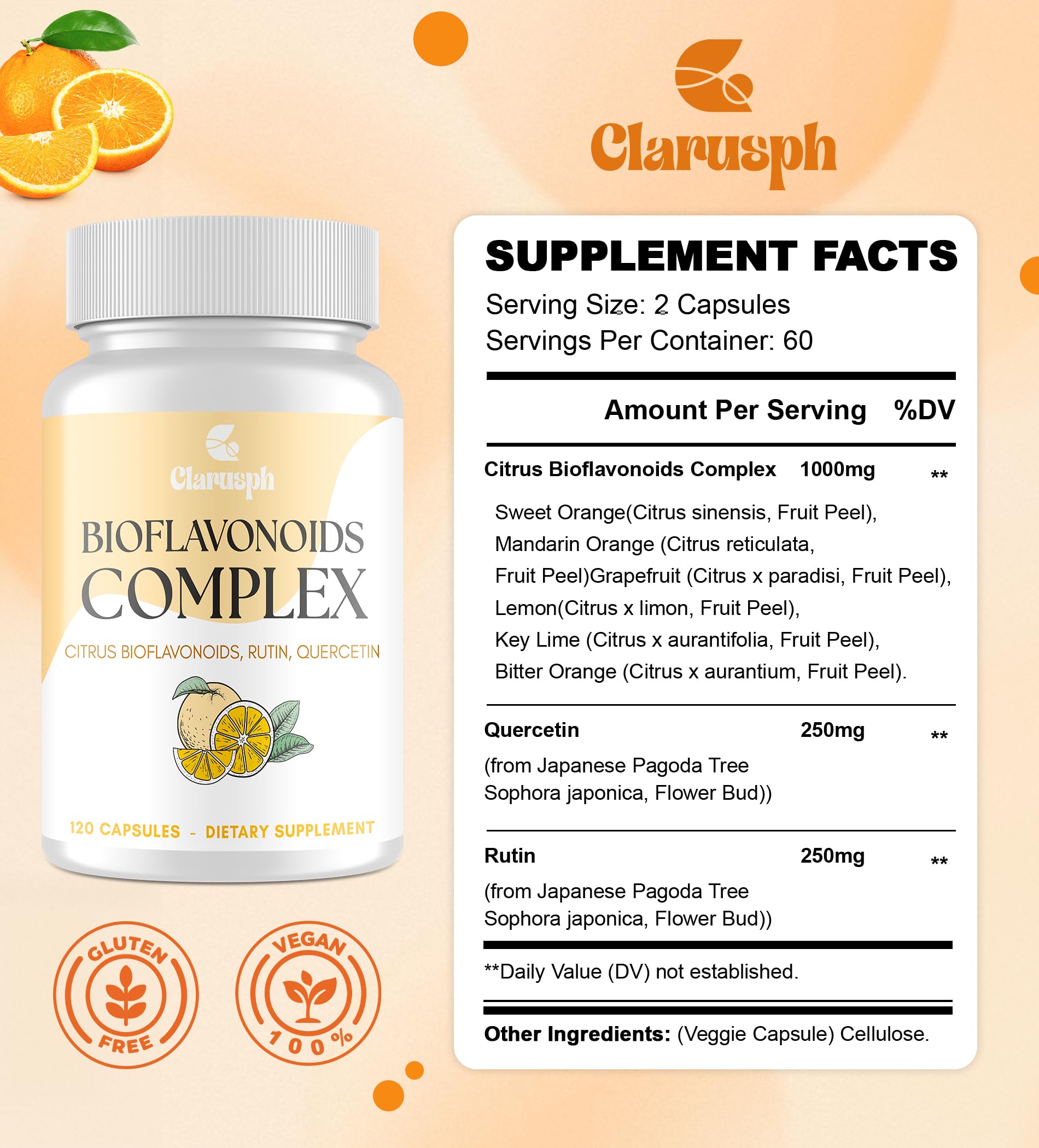 Clarusph label highlights 50% hesperidin and gluten-free formula.