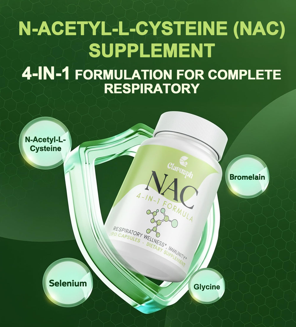 Clarusph NAC bottle and packaging on kitchen counter for daily routine.