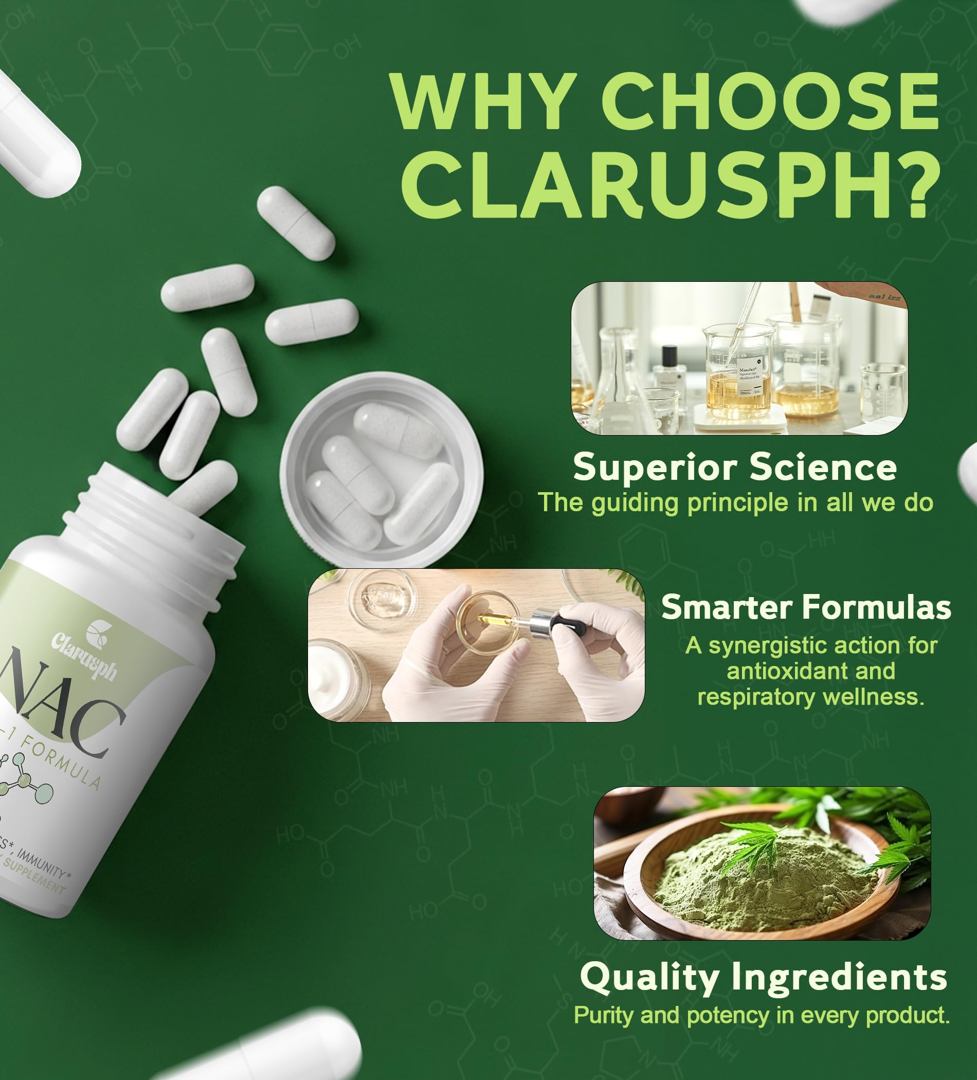 Clarusph NAC vegan gluten-free label on packaging highlighting diet compatibility.