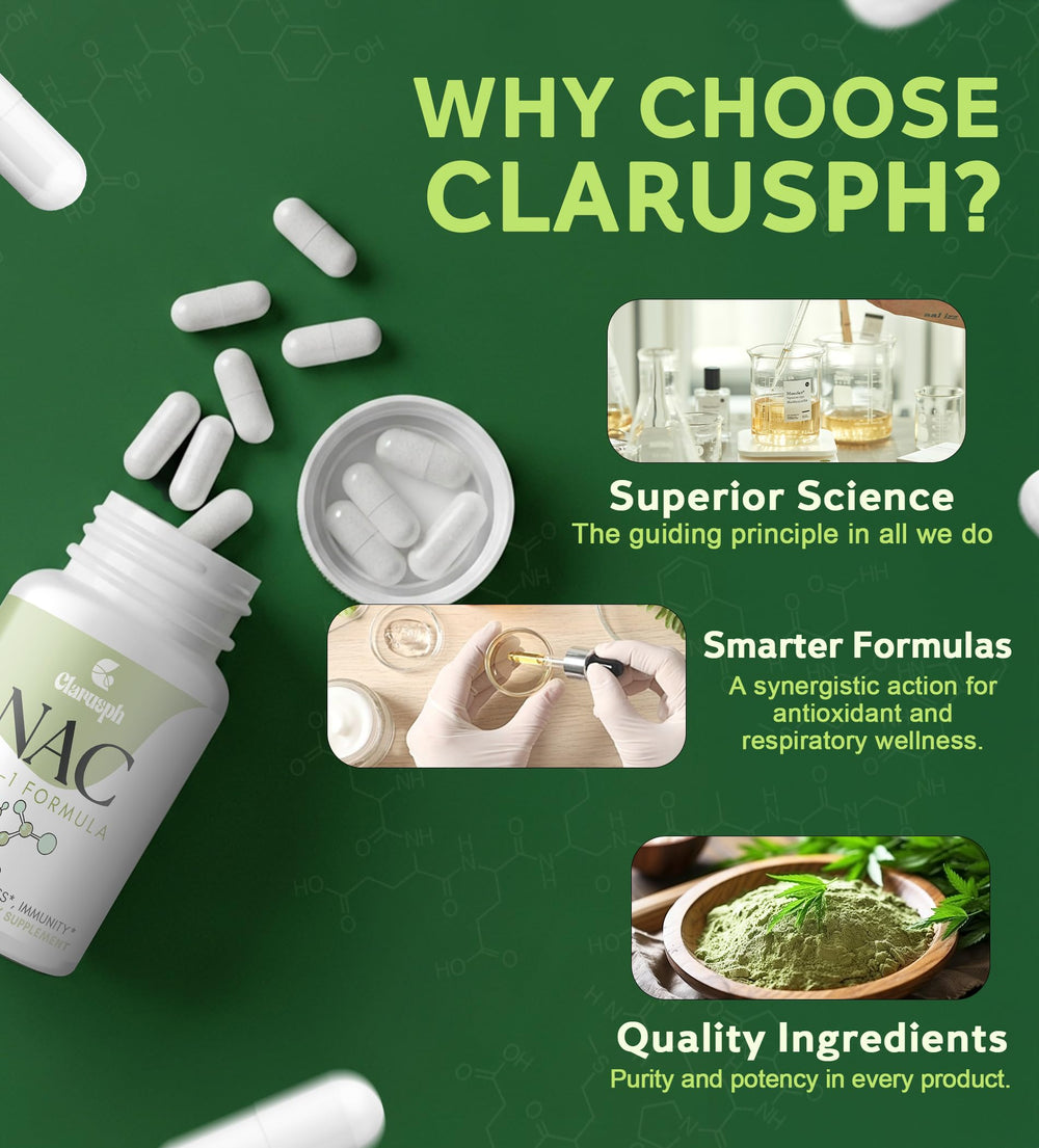 Clarusph NAC vegan gluten-free label on packaging highlighting diet compatibility.