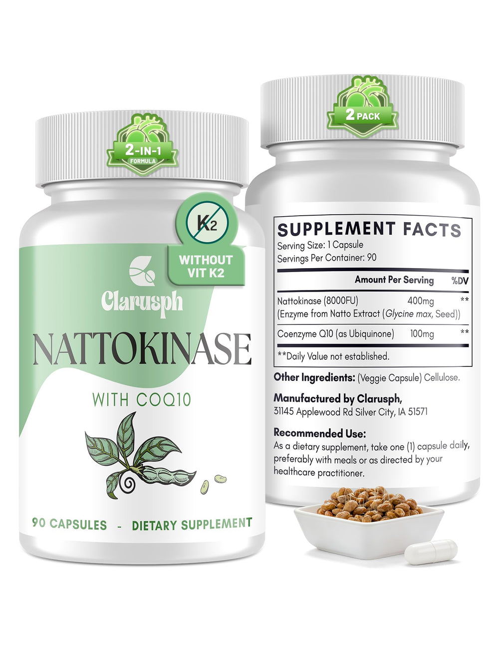 Clarusph nattokinase bottle front for daily circulation support.