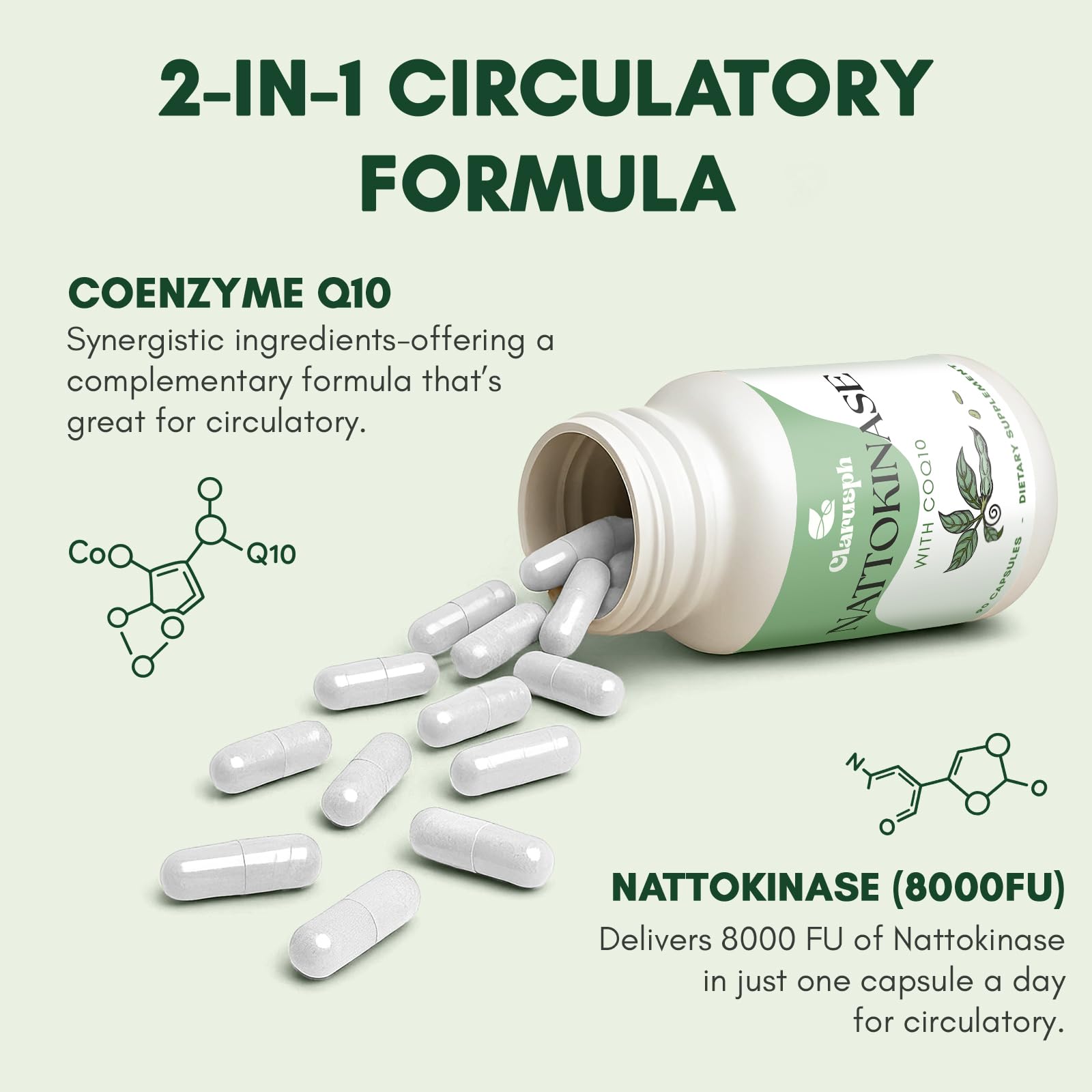 Clarusph nattokinase CoQ10 bottle demonstrates the 100 mg CoQ10 blend.