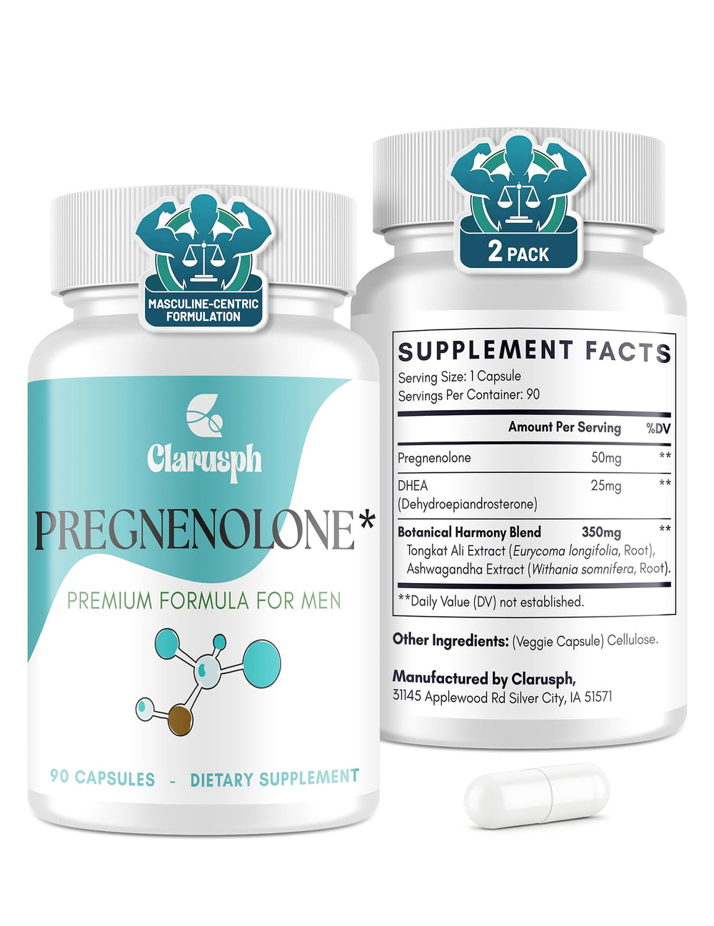 Clarusph Pregnenolone 50mg bottle for easy daily supplementation.