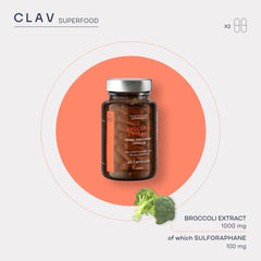 CLAV broccoli sprout extract bottle label highlighting German-made quality
