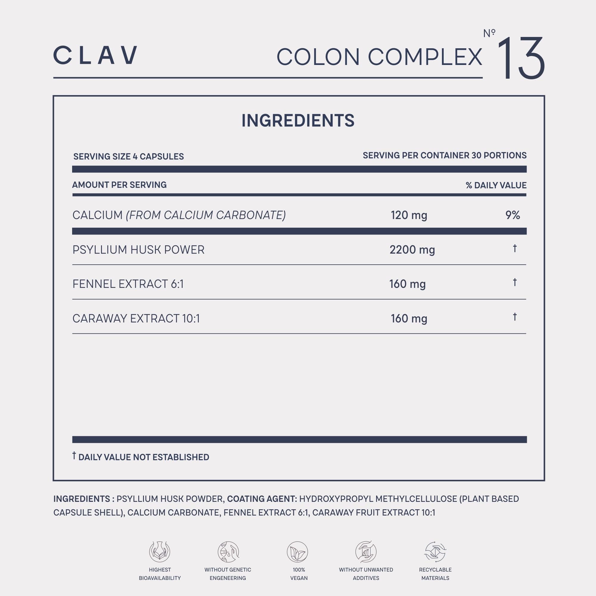 CLAV colon-complex label highlights fiber-rich formula for daily routine.