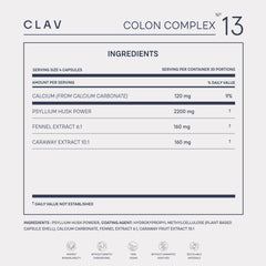 CLAV colon-complex label highlights fiber-rich formula for daily routine.