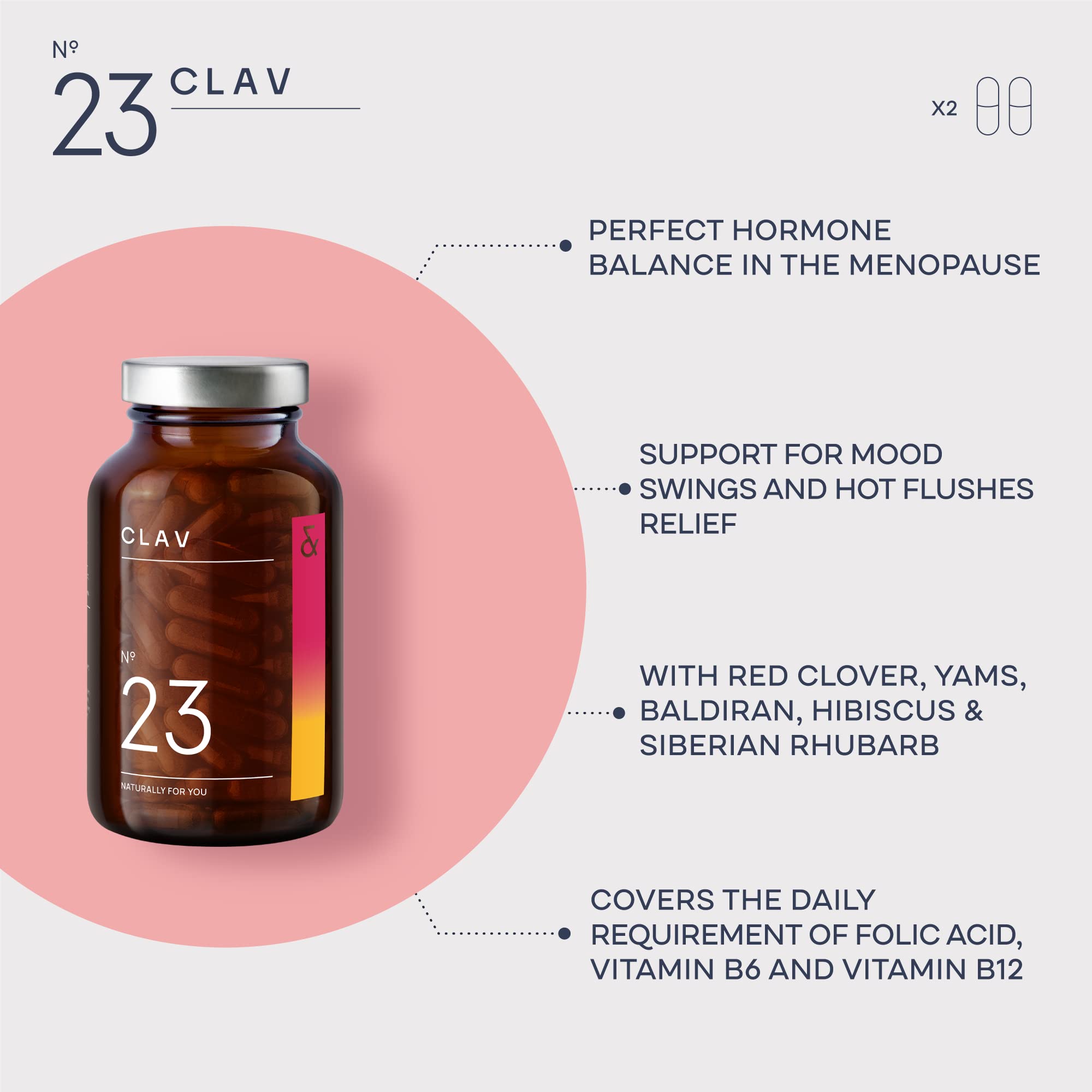 CLAV Meno Balance capsules close-up showing texture for daily menopause support