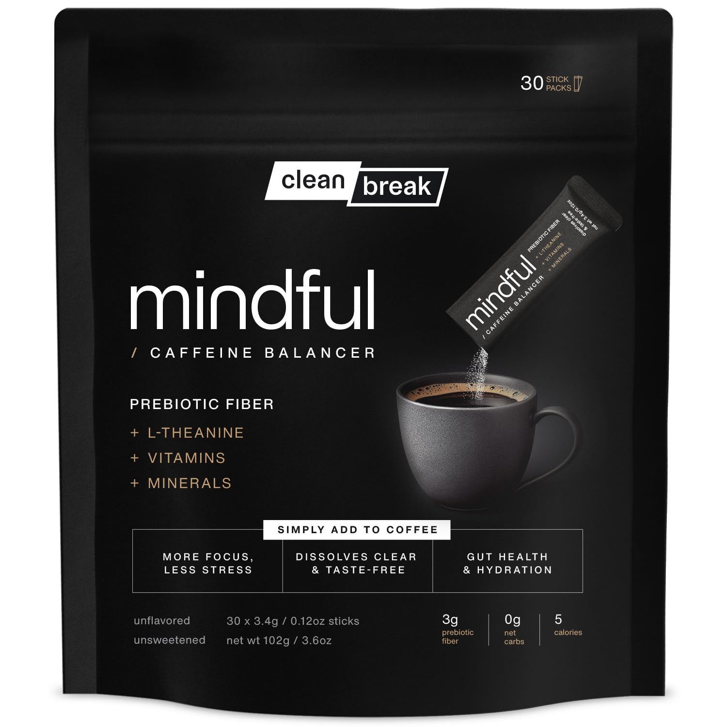 Clean Break Mindful dissolves clear in coffee for focused, smoother caffeine experience.