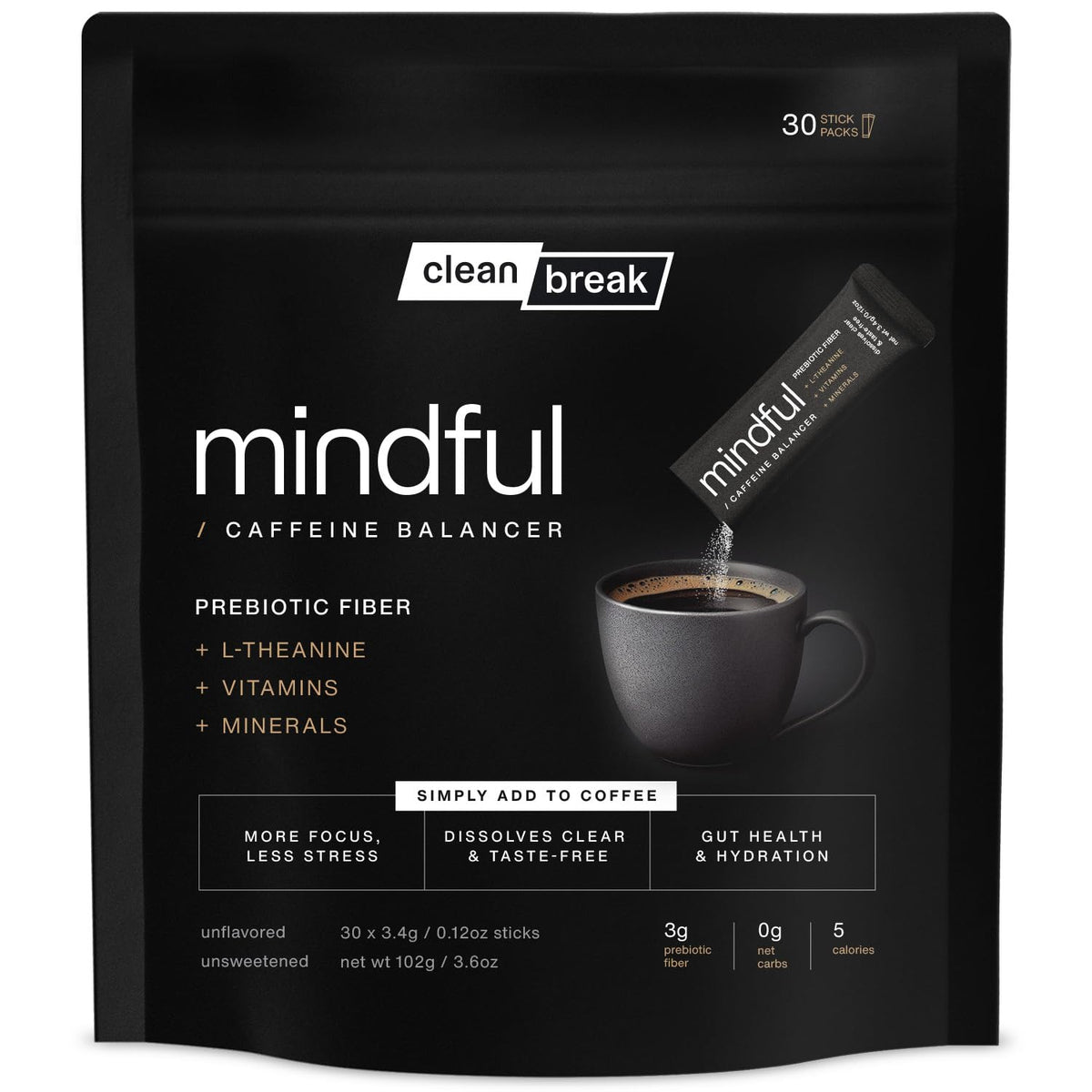 Clean Break Mindful dissolves clear in coffee for focused, smoother caffeine experience.