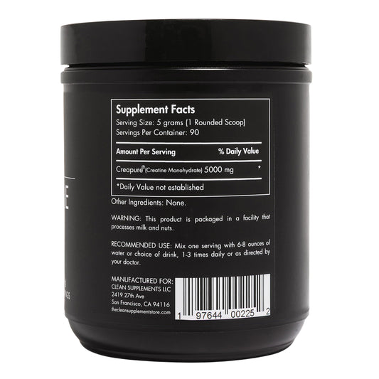 CLEAN Creatine Creapure powder highlighting high purity for reliable training sessions.